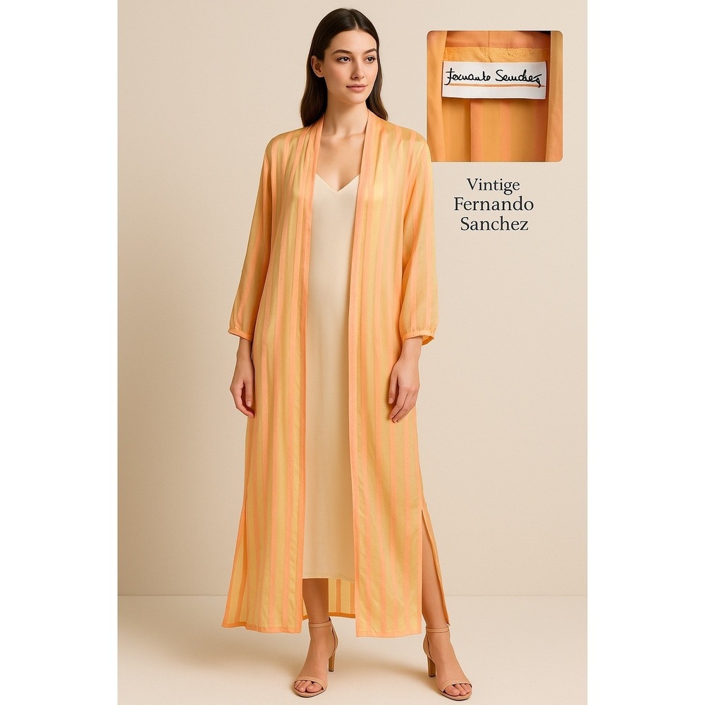 Vintage Fernando Sanchez 100% Silk Sheer Striped Robe‎ Duster Sz S Old Hollywood